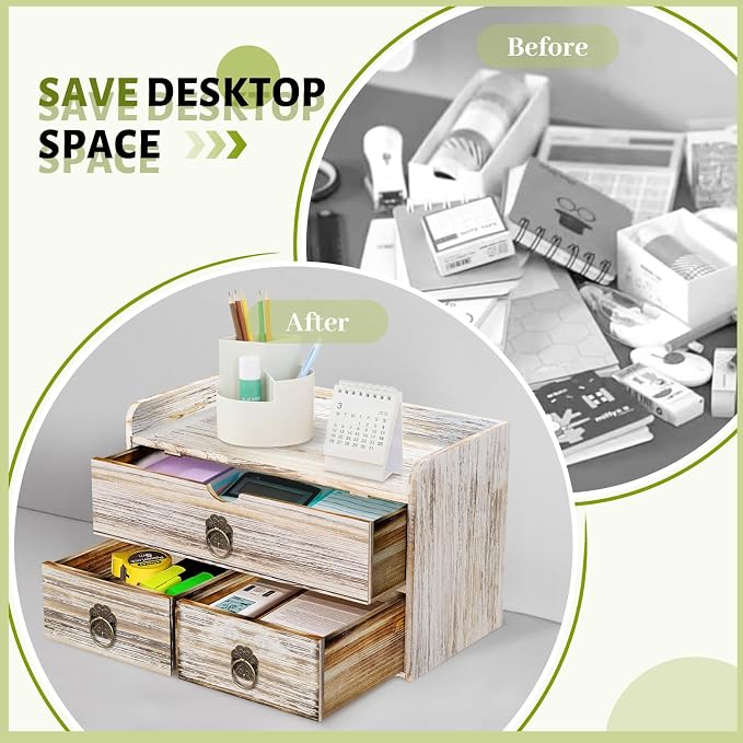 Wood Desk Organizer with Drawer, Vintage Brown Wooden Desktop Organizer, Tabletop Storage Organization Box for Countertop, Home Office Supplies, 13.5x6.6x8.2 Inch(3 Drawer and Shelf) - Image 6
