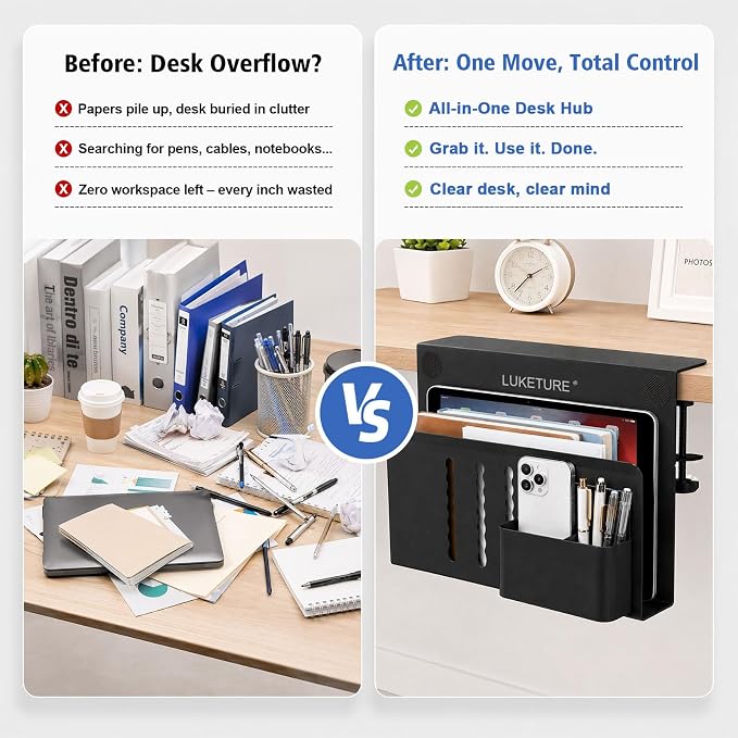 LUKETURE Desk Side Storage, 2 Tie Laptop Holder No Drill Clamp On Organizer | Sturdy Steel Double Tier Strong, Magnetic Pen Holder, No Drill Clamp for Standing Desk Organizer, Fits 0.3-2.8" - Image 4