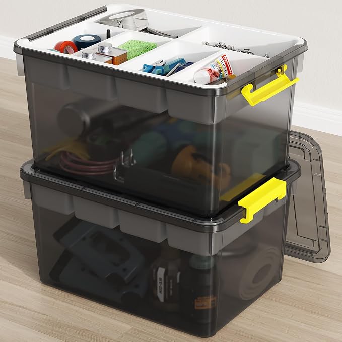 80Qt Stackable Storage Bins with Lids Trays Craft Box Organizers, 2Pack, GY | Clear Plastic Latching Boxes Organizers with Dividers Portable Containers for Arts & Crafts, Home Office Classroom Car Trunk by HOMETUK
