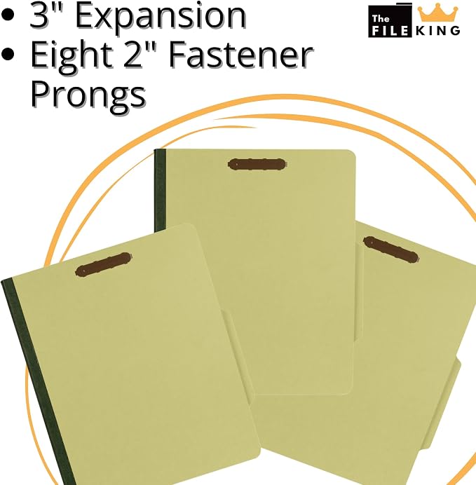 The File King Three Divider Pressboard Classification Pale Green File Folder - Letter Size | Box of 10 | 2/5 ROC Top Tab | 3” Expansion | Eight 2-Inch Fastener Prongs | Made in USA - Image 4