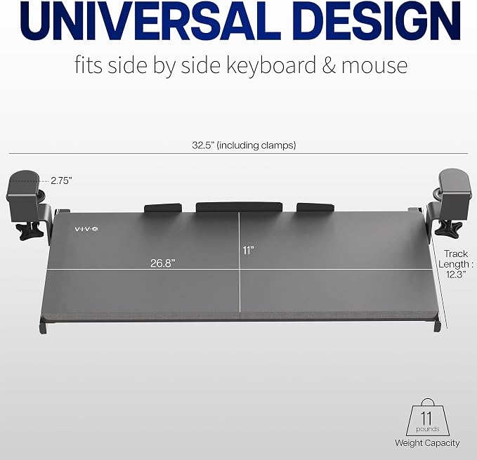 VIVO Vintage Brown Large 27 x 11 in Under Desk Keyboard Tray, MOUNT-KB05N | Keyboard Tray for Typing, Slide Out Platform, Rustic, Extra Sturdy C-Clamp Mount System, Computer Drawer, Black Frame - Image 8