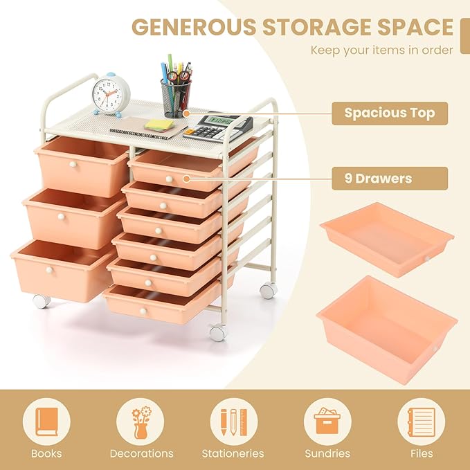 COSTWAY Rolling Storage Cart with 9 Drawer, Utility Cart with Metal Frame | Mobile Art Supply Craft Organizer, Multipurpose Storage Organizer for Paper, Office, School Teacher, Classroom, Peach - Image 4