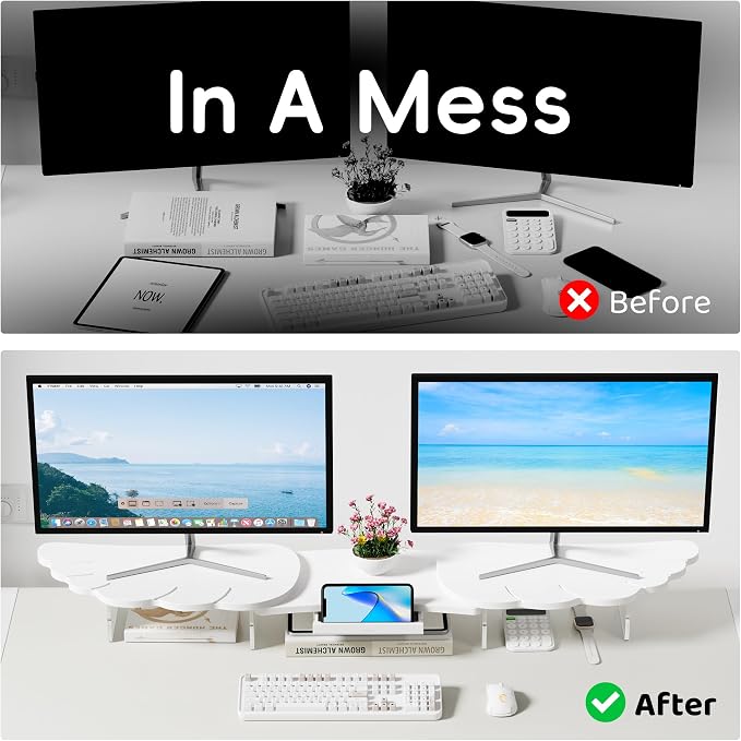 AFOOYO Dual Monitor Stand Riser, Wing-Shaped Sturdy Desktop Wood Stand for 2 Monitors, White Riser for Laptop, PC, Computer - Image 3