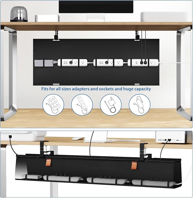 Zilink No Drill Under Desk Cable Management Tray 40" Cord Organizer for Table Clamp/Screw Mount Cable Management Under Desk Waterproof Fabric Cable Management Tray for Office, Home - Image 3