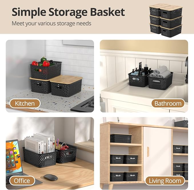 Plastic Storage Bins with Bamboo Lids, Stackable Small Box Baskets for Organizing and Containers for Shelves Drawers Desktop Closet Pantry Classroom Office Home, 6 Pack 10.2x7.2x4.1 Inch, Black - Image 5