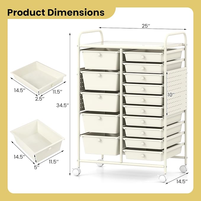 GOFLAME 15-Drawer Rolling Storage Cart with Pegboard, Craft Storage Cart with Lockable Wheels and Metal Frame, Art Cart Supply Storage Organizer for Home Office Classroom, White - Image 3