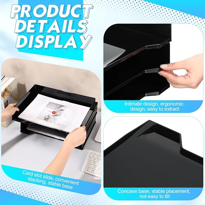 DoubleFill 4 Pcs Stackable Letter Tray Rectangular Plastic Desk Organizer 13 x 9.5 x 2.6 in Paper Holder File Tray Accessories Rack for Desktop Office Desk Drawers (Black) - Image 4