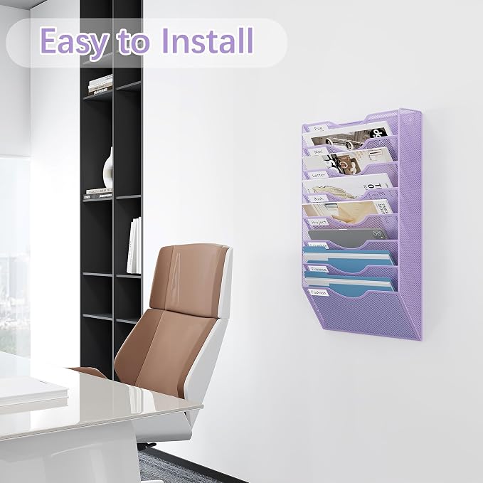 EasyPAG 8 Pocket Mesh Wall File Organizer, Hanging Paper Folder Holder with Classify Label, Vertical Wall Mount Mail Organizer for Office Home Classroom, Purple - Image 4