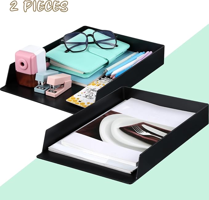 2 Pcs Stackable Paper Trays Rectangular Plastic Desk Holder Desktop Document File Organizer Storage Letter for Office Classroom (Black) - Image 2