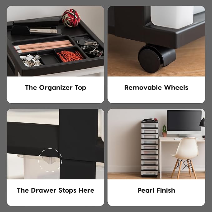 IRIS USA 10-Drawer Rolling Storage Cart, Black/Pearl | Keep craft supplies, office essentials, classroom items, and accessories organized with easy-access drawers for daily use - Image 8