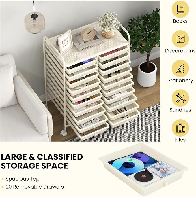 Giantex 20 Drawers Rolling Cart, Mobile Storage Drawer Cart, Classroom Organizer for Office School Supplies Tools Scrapbook Paper Craft Small Printer, Utility Stand on Wheels, Ivory White - Image 5