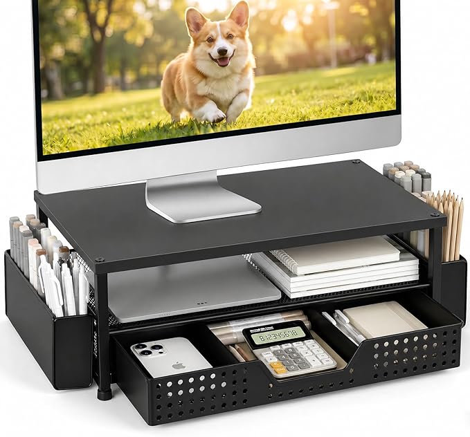ECOLOVI Desk Organizer and Accessories, 2-Tier Computer Monitor Stand Rise with Storage Drawer & 2 Pen Holders, Laptop & Printer Stand for Desktop, Workspace Organizers for Office Supplies (Black Wood) by ECOLOVI