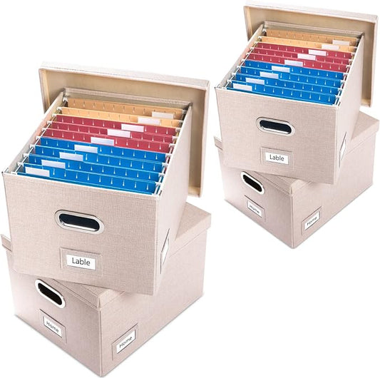 File Organizer Box - Set of 4 Collapsible Decorative Linen Filing Storage Hanging File Folders with Lids Office Cabinet Letter/Legal Size Light Grey (17x14x11.2 inch) by Prandom