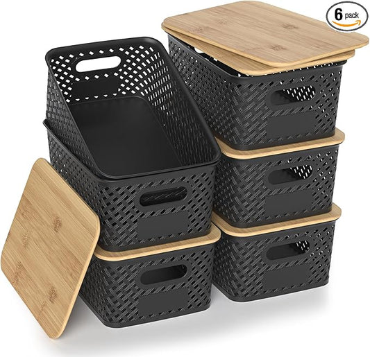Plastic Storage Bins with Bamboo Lids, Stackable Small Box Baskets for Organizing and Containers for Shelves Drawers Desktop Closet Pantry Classroom Office Home, 6 Pack 10.2x7.2x4.1 Inch, Black by ZFTMRR