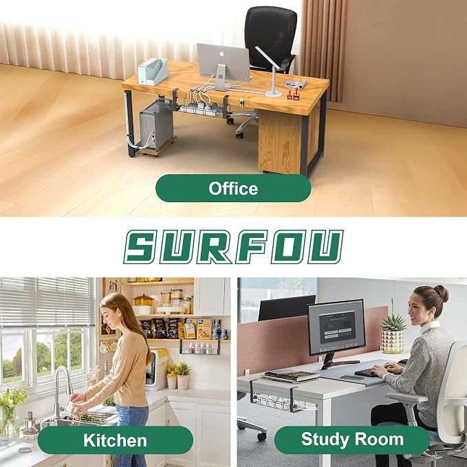 Cable Management Under Desk Tray No Drill, Table Cable Basket for Power Strips and Cables, No Screws Tidy Wire Organizer Clamp for Home, Office, Kitchen and Standing Desks, Black - Image 3