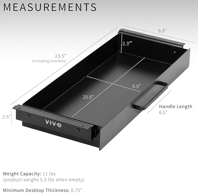 VIVO Black 22 x 9 inch Under Desk Storage Drawer, DESK-DR22H-B | Sliding Steel Pull-out Drawer for Office Desk, Pull Handle, Storage Organizer for Sit Stand Workstation, Holds 11 lbs - Image 2
