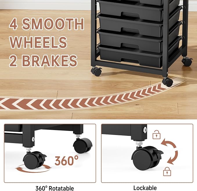 SYKIARIOL Rolling Storage Cart with Drawers, 8 Drawers Utility Cart,Black | Rolling Drawer Cart with Wooden Tabletop,Storage Drawer Cart for Living Room,Classroom,Bedroom,Dorm,Office - Image 6