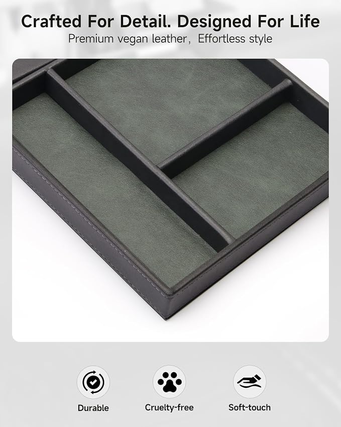 Valet Tray, Built in Wireless Charging Pad, Nightstand Organizer, Two-Toned Premium Vegan Leather Desk Bedside Caddy Organizer Tray for Keys, Watch, Wallet, Jewelry (Black+Green) - Image 8