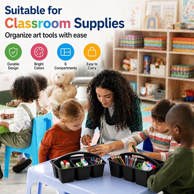gisgfim 6 Pack Plastic Classroom Caddy with 6-Compartments Plastic Storage Caddies with Handle 6 Compartments Table Caddy Organizer Versatile Table Caddies for Classroom Office Storage, Black - Image 5