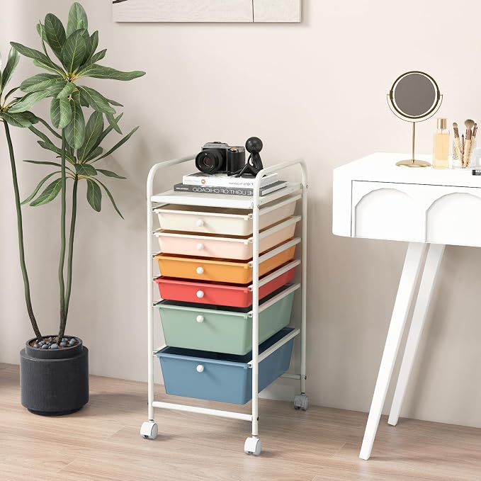 COSTWAY 6-Drawer Rolling Storage Cart, Art Craft Tools Organizer on Wheels | Multifunctional Heavy Duty Utility Mobile Storage Trolley w/ 2 Lockable Wheels for Home Office School (Macaron) - Image 8