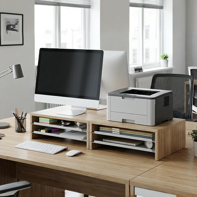 Fenge 14.3-Inch Monitor Stand with Slide-Out Trays, Wood & Metal Desk Shelf | 3-Tier Space-Saving Desk Storage Organizer, Fits Computer, Laptop, Printer and Telephone - Image 7