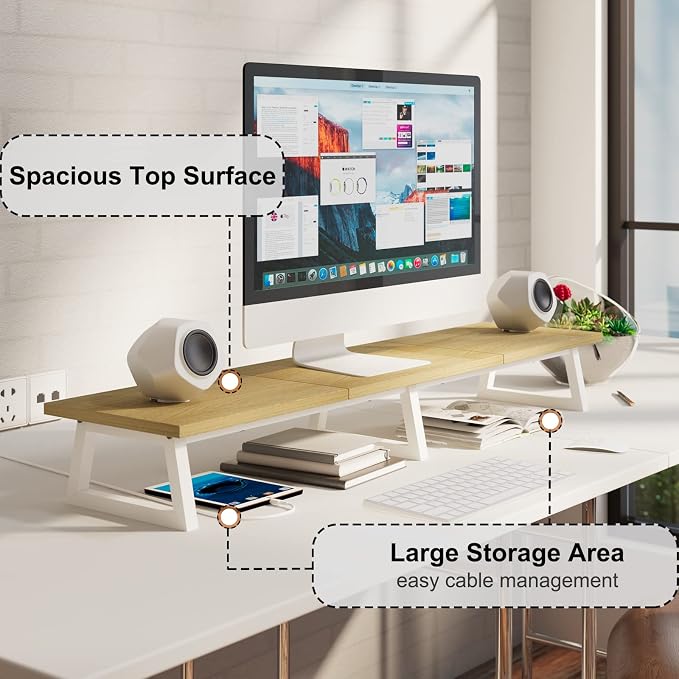 TEAMIX 42 inch Large Dual Monitor Riser, Desk Organizer Stand for TV Laptop | Extra Long Stand for 2 Monitors, Wood & Metal TV Riser, Holds 300lbs, Keyboard & PS5 Storage, For Home Office & Gaming - Image 3