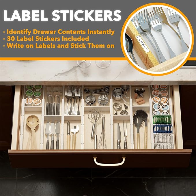 SpaceAid Bamboo Drawer Dividers with Inserts and Labels, Kitchen Adjustable Drawer Organizers, Expandable Organization for Home, Office, Dressers, 10 Dividers with 24 Inserts (17"-22" White) - Image 3