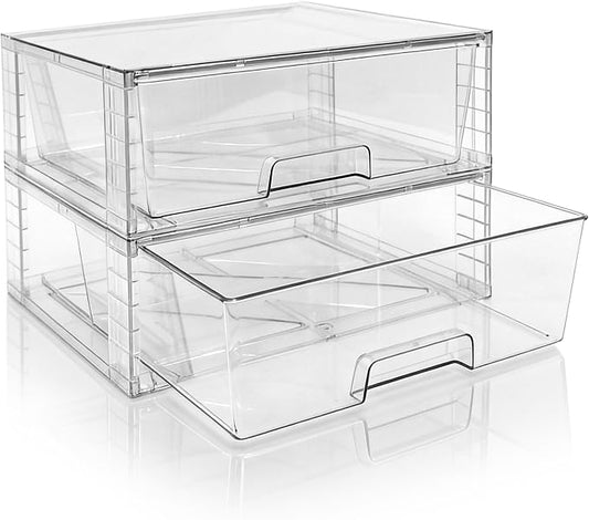 Wide Large Stackable Storage Drawers(2 Pack),Multi-purpose Clear Plastic Organizer Bins with Handles, Easy to Assemble for Bathroom Home Closet Under Sink Kitchen Pantry Medicine Cabinet by XWYWX
