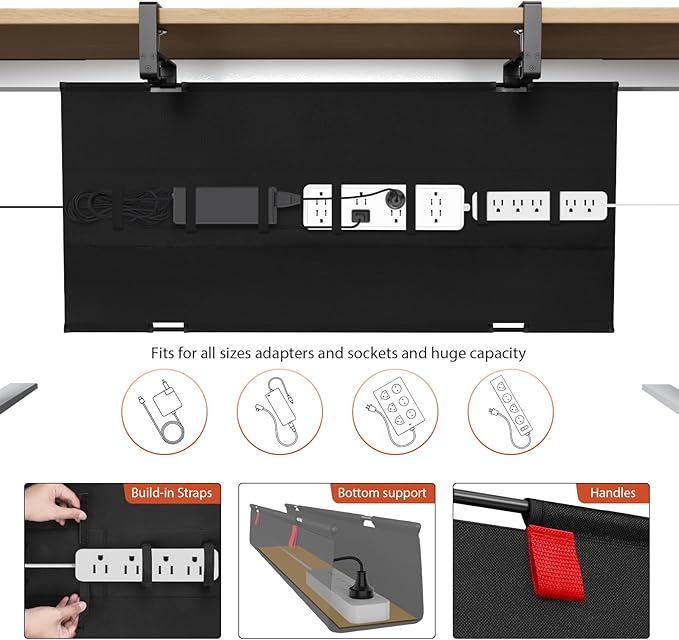 Univivi No Drill Under Desk Cable Management Tray, 36 inch Cable Management | Clamp/Screw Mount Desk Cable Management, Premium Fabric Cable Management Tray, Large Capacity Cord Organizer for Office, Home - Image 2