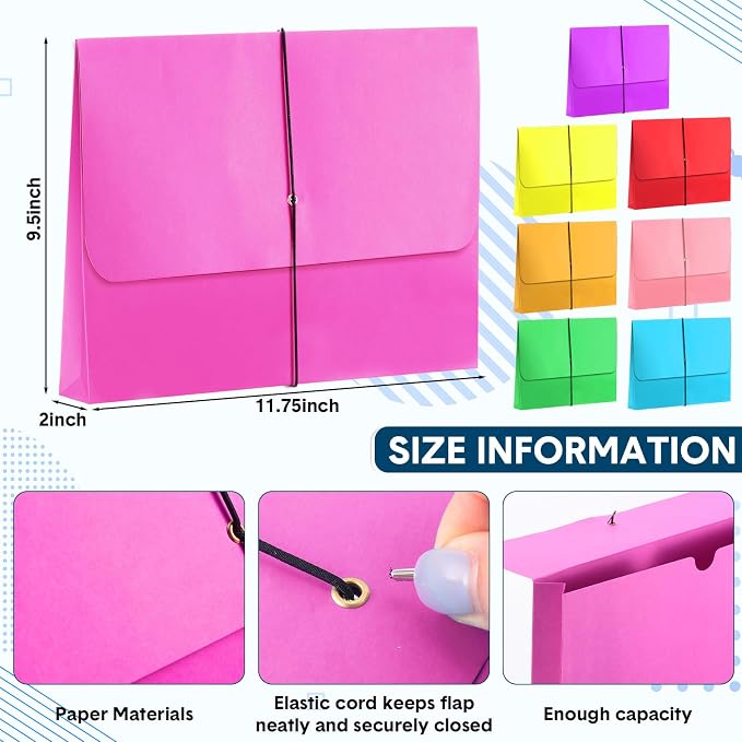 24 Pack Bulk Expanding File Folder Pocket Wallet with Flap and Cord Closure, 2" Expansion, Letter Size, Assorted Colors File Organizer for Office School Classroom Document Storage - Image 2