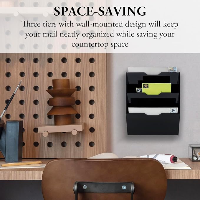MyGift Wall Mounted 3 Tier Black Acrylic Letter Rack Mail Organizer, Office and Entryway Bills Postcards Brochure Holder Vertical Storage Rack - Image 3