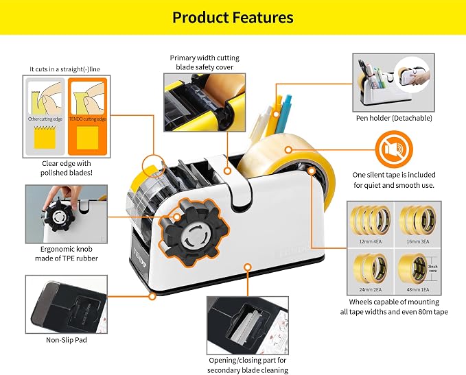 [TENDO°] TENDO Multi-Section Tape Dispenser, Custom Width Tape Cutter with 4 Cutting Sections, Built-in Safety Blade, Ergonomic Grip for Packing and Office Use, ZO-508(White) - Image 3