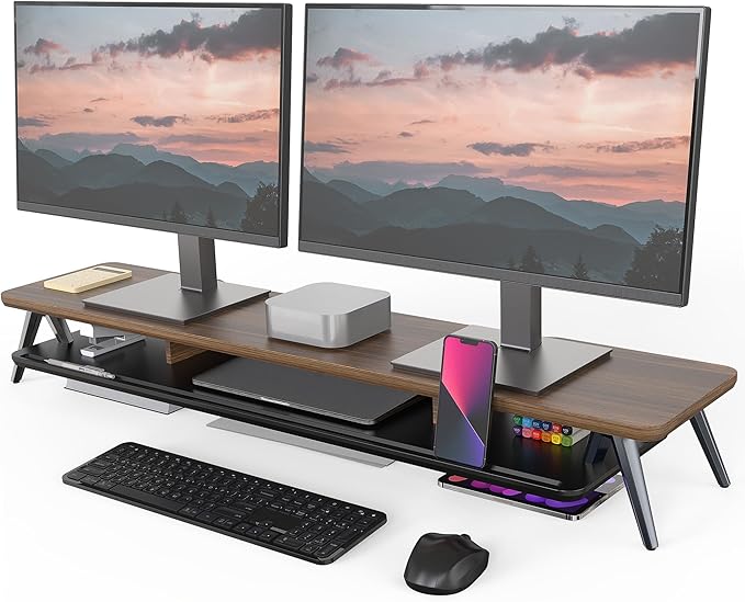 Fenge Dual Monitor Stand Riser, Wooden Desk Shelf with 2-Tier Storage | 42.5-Inch Wide, Sturdy Aluminum Legs, Built-In Phone & Tablet Slot, Desktop Organizer for Office Accessories by Fenge