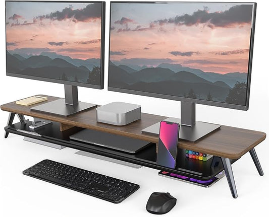 Fenge Dual Monitor Stand Riser, Wooden Desk Shelf with 2-Tier Storage | 42.5-Inch Wide, Sturdy Aluminum Legs, Built-In Phone & Tablet Slot, Desktop Organizer for Office Accessories by Fenge