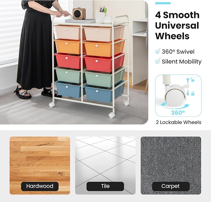 Giantex 10 Drawers Rolling Cart, Classroom Organizers, Storage Cart with Wheels, for Teacher Office Home School Supplies Tool Craft Art Paper, Multicolor - Image 8