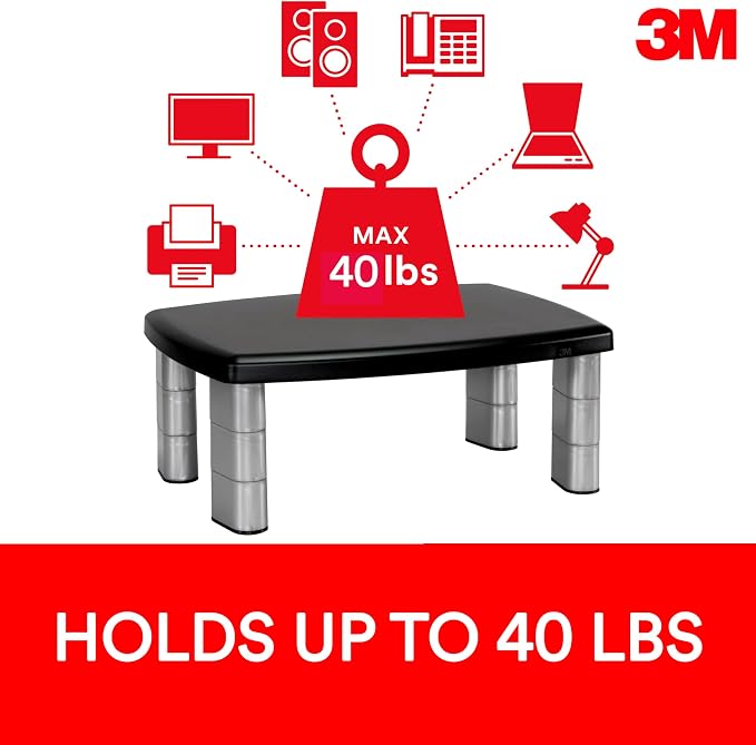 3M Extra Wide Adjustable Computer Monitor Stand, 20 in x 12 in | Height Adjustable Monitor Riser For Desk, Office, Home With Underneath Storage Space, No Skid - Image 4