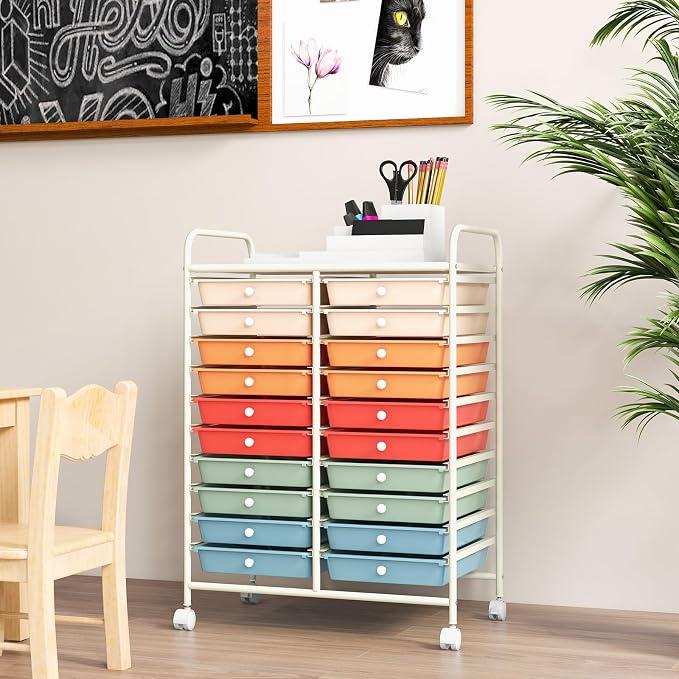 GOFLAME 20-Drawer Rolling Storage Cart, Multifunctional Art Craft Organizer Cart, Mobile Utility Storage Cart with Removable Drawers & Lockable Wheels, Craft Cart for Home Office School, Macaron Color - Image 7