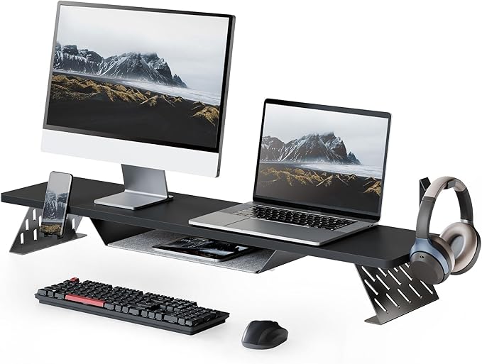Fenge Dual Monitor Stand, Wooden Desk Shelf with Headphone & Phone Holder | 42.5" Monitor Riser with Storage Shelf, 2-Tier Monitor Shelf with Metal Leg for Home Office Organizer, Black by Fenge