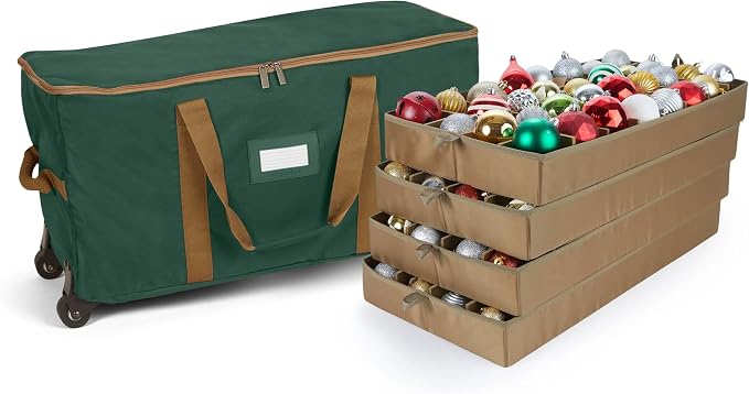 Covermates Keepsakes Rolling Adjustable Ornament Storage Bag – Heavy-Duty Polyester, FlexGrid Trays & Padded Dividers – Protective Holiday Organizer with Wheels, Handles & ID Window, Green by Covermates