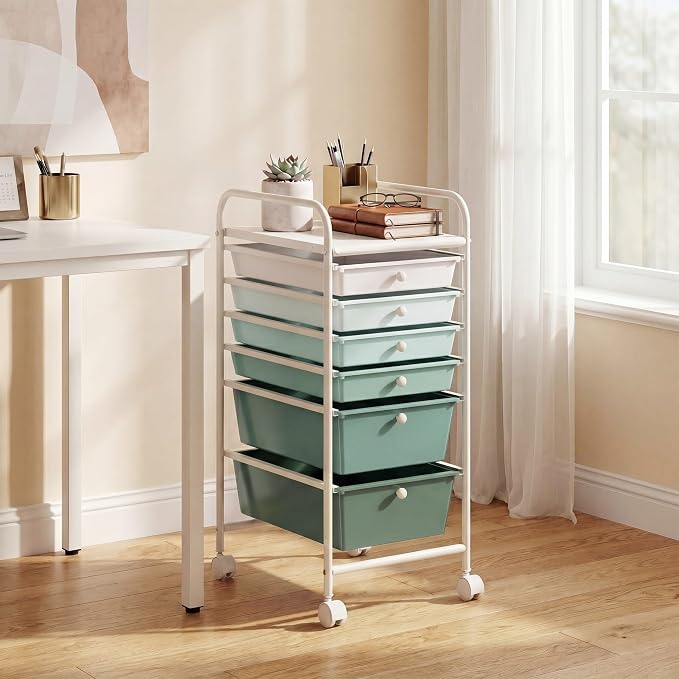 COSTWAY 6-Drawer Rolling Storage Cart, Art Craft Tools Organizer on Wheels | Multifunctional Heavy Duty Utility Mobile Storage Trolley w/ 2 Lockable Wheels for Home Office School (Green Gradient) - Image 2