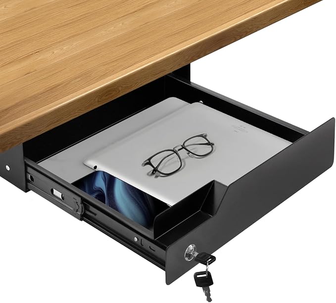 Under Desk Drawer Storage with Lock, Metal Undermount Table Drawer, Ball Bearing Slides Out Tray Organizer for Paper, Pencil, and Laptop 16"x11.8"x3.6", Black by CiaoStilista