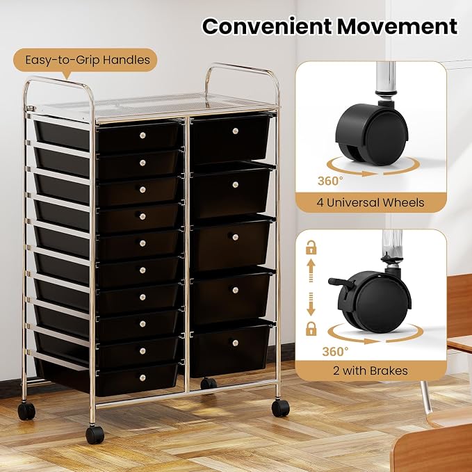 Giantex 15 Drawer Rolling Cart with Drawers, Storage Organizer Cart for Classroom Office School Teacher, Mobile Drawer Cart for Tools, Crafts, Small Printer, Black - Image 5