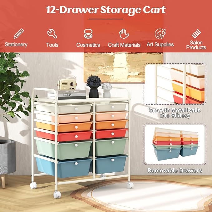 GOFLAME 12-Drawer Rolling Storage Cart, Multipurpose Organizer with 2 Sizes Plastic Drawers, Mobile Utility Cart with Lockable Casters for Home, Office, Beauty Salon, School, Macaron Color - Image 4
