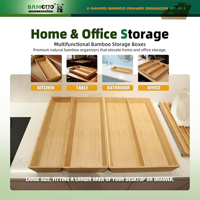 BAMOTTO CRAFTBAMBOO Large Long V-Shaped Bamboo Drawer Organizer Set of 3 | Silverware & Cutlery Tray | Flatware & Utensil | Kitchen & Bathroom | 19.6"×5.7" & 19.6"×7.8" & 19.6"×12.4" - Image 5