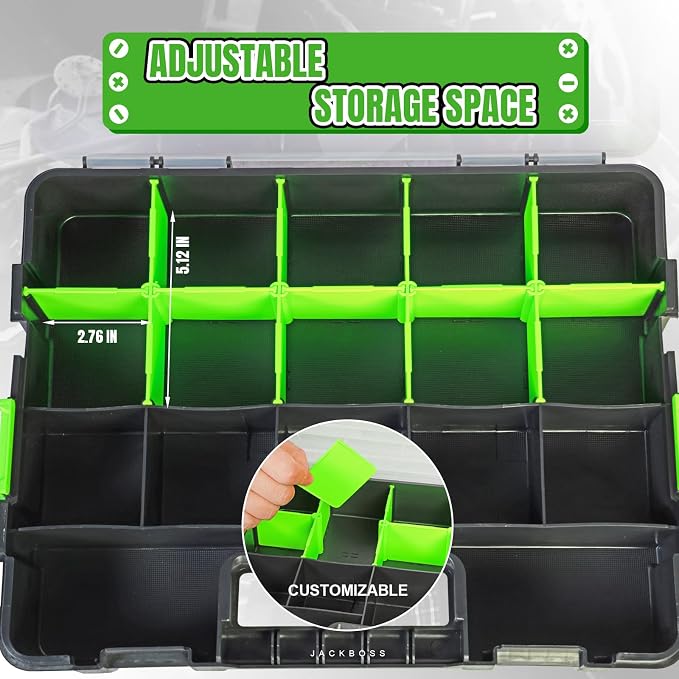 Jack Boss Tool Box with Transparent Lid, Single Side 17-Compartments Organizer Box with Removable Dividers for Hardware, Screws, Bolts, Nails, Beads, Jewelry and Fishing Accessories, Green, 2 Pack - Image 3