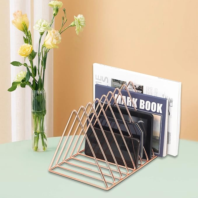 Rose Gold Magazine Holder, Desktop File Sorter Organizer Triangle 9 Slot Newspaper Record Storage Shelf Rack for Home Office Decoration - Image 4