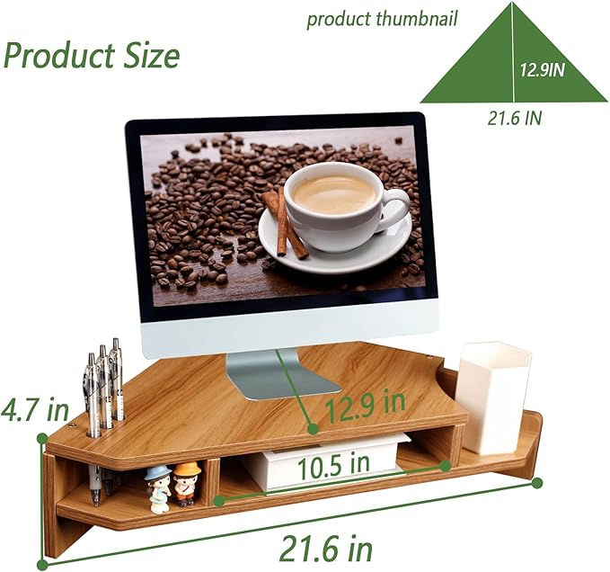 Triangle Monitor Stand Riser, Wooden Triangle Desktop Computer Stand with Office Organization, Walnut Color - Image 7