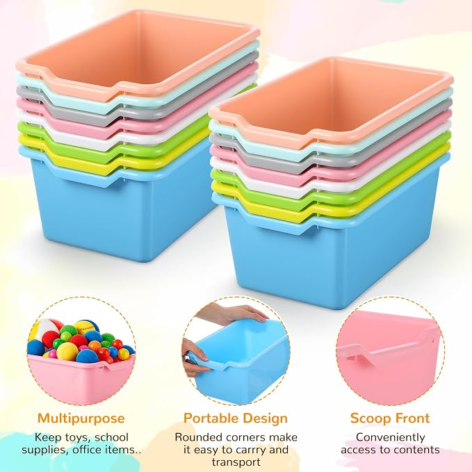 16 Pcs Plastic Book Bins, Scoop Front Cubby Storage Bins, 8 Color Stackable Organizer Tubs Containers Multi Functional Box for Books, Supplies, Home Office Playroom, 11.42x7.48x4.92 Inch - Image 3