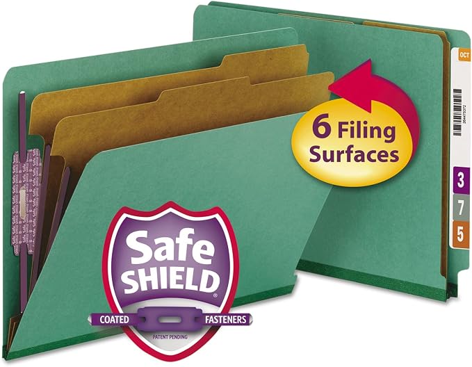 Smead 100% Recycled End Tab Pressboard Classification File Folder with SafeSHIELD Fasteners, 2 Dividers, 2" Expansion, Letter Size, Green, 10 per Box (26785) by SMEAD