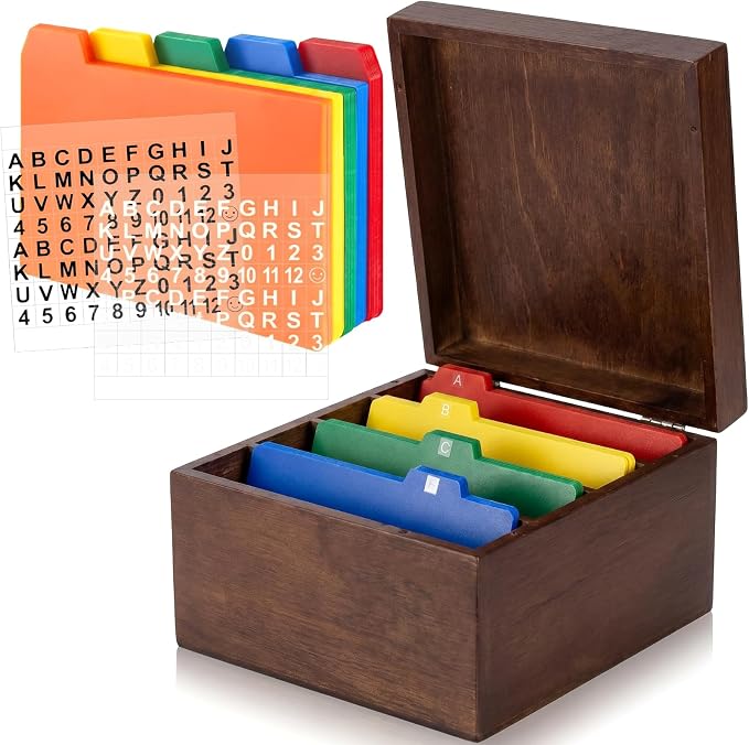 Henoyso 5 x 8 Inch Index Card Holder Set, Bamboo Index Cards Organizer, 50 Pcs Dividers 2 Sheets Alphabet Number Stickers File Note Holders for Office Business Classroom, Brown by Henoyso